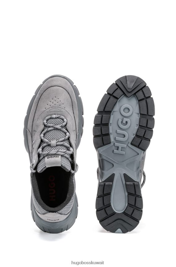 4TFNJN4968 رمادي Hugo Boss حذاء رياضي هوغو هجين باللون الرمادي مع ألياف دقيقة وشبكة رياضية