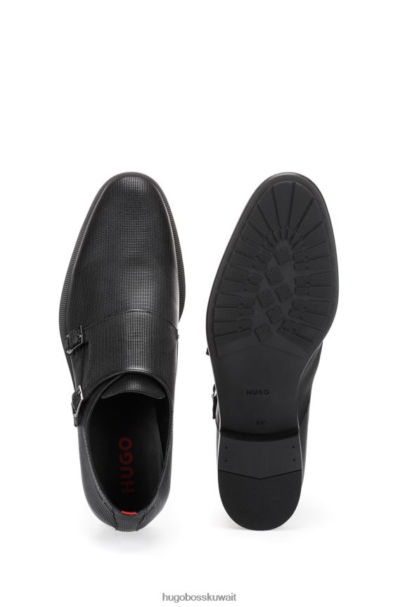 4TFNJN4975 أسود Hugo Boss حذاء هوغو دوبل مونك من الجلد المطبوع باللون الأسود