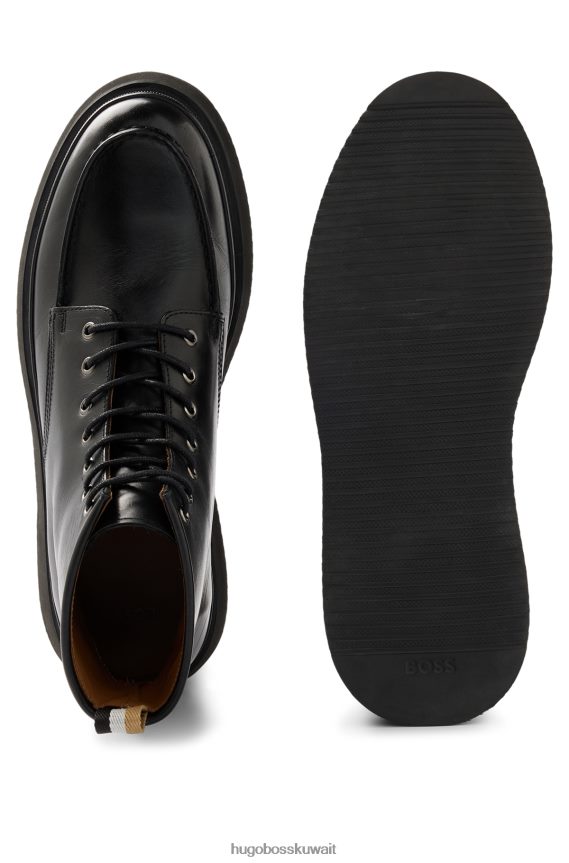 4TFNJN4977 أسود Hugo Boss حذاء نصف طويل بمقدمة مئزر من جلد هوغو الأسود