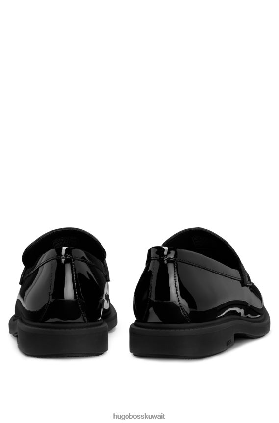 4TFNJN4987 أسود Hugo Boss حذاء لوفر من الجلد اللامع مع تفاصيل شعار باللونين الأسود والذهبي باللون الأسود
