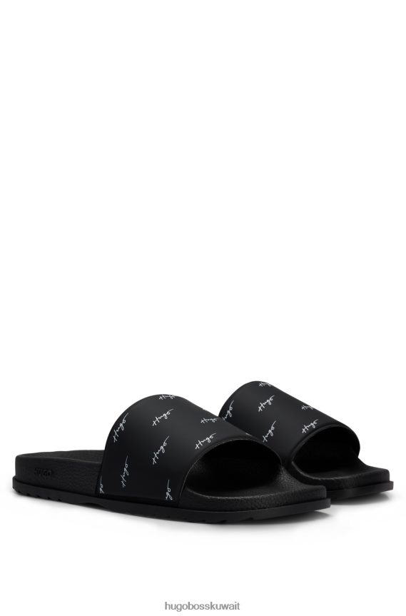 4TFNJN4989 أسود Hugo Boss شرائح هوغو السوداء مع الشعارات المكتوبة بخط اليد