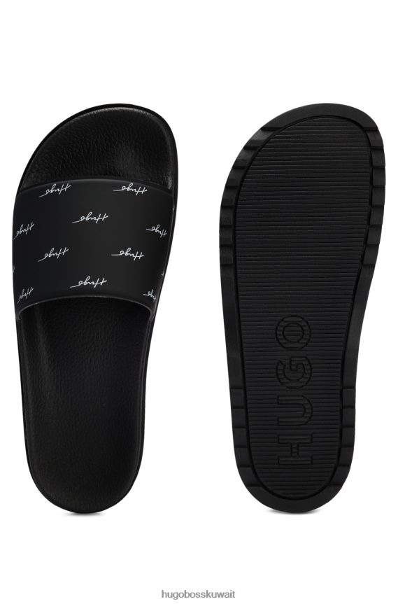 4TFNJN4989 أسود Hugo Boss شرائح هوغو السوداء مع الشعارات المكتوبة بخط اليد