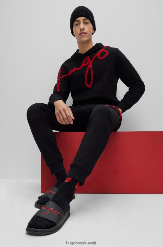 4TFNJN4992 أسود Hugo Boss شرائح شعار سوداء مع وسادة قدم محيطية من هوغو