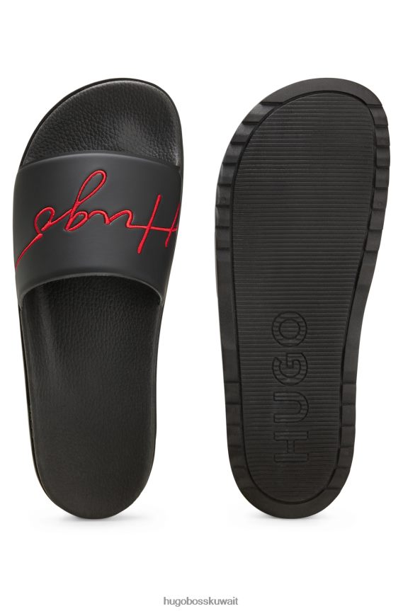 4TFNJN4992 أسود Hugo Boss شرائح شعار سوداء مع وسادة قدم محيطية من هوغو