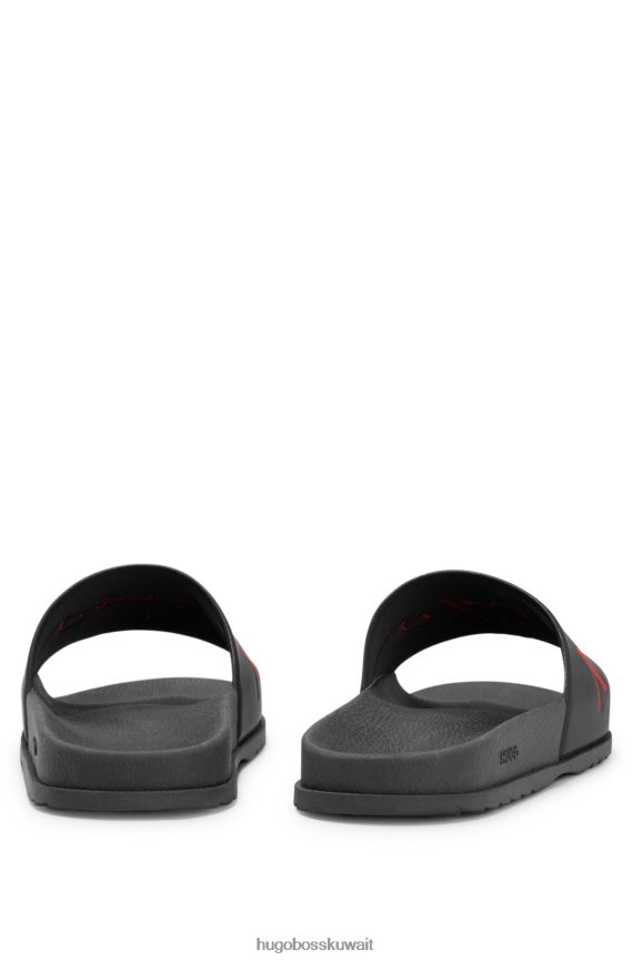 4TFNJN4992 أسود Hugo Boss شرائح شعار سوداء مع وسادة قدم محيطية من هوغو