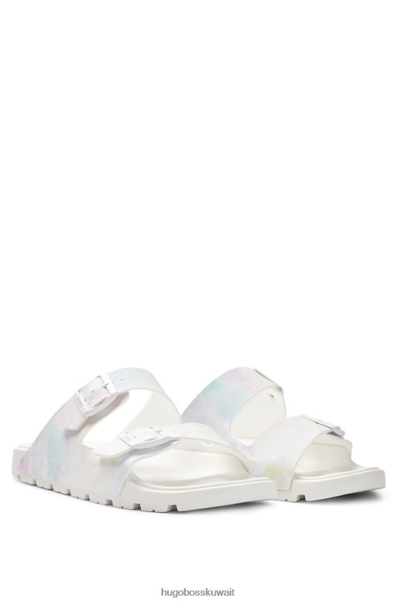 4TFNJN4999 أبيض Hugo Boss شرائح مزدوجة الحزام مع عمل فني متعدد الألوان باللون الأبيض