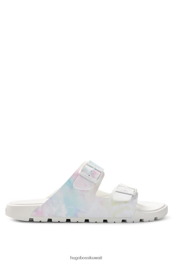 4TFNJN4999 أبيض Hugo Boss شرائح مزدوجة الحزام مع عمل فني متعدد الألوان باللون الأبيض