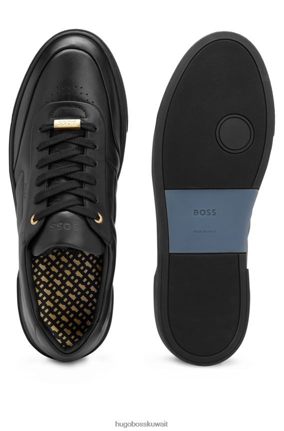 4TFNJN5005 أسود Hugo Boss حذاء رياضي هوغو من الجلد مع حلقة دانتيل ذهبية اللون تحمل العلامة التجارية باللون الأسود