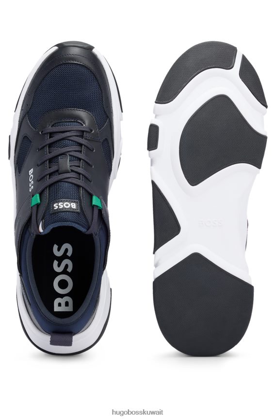 4TFNJN5021 أزرق غامق Hugo Boss حذاء رياضي x ajbxng مصنوع من الجلد والشبك مع تفاصيل الشعار