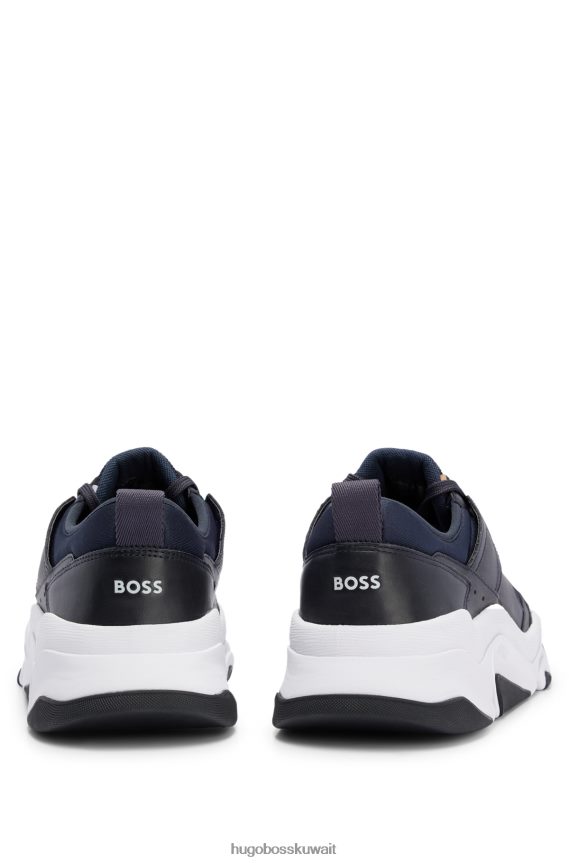 4TFNJN5021 أزرق غامق Hugo Boss حذاء رياضي x ajbxng مصنوع من الجلد والشبك مع تفاصيل الشعار