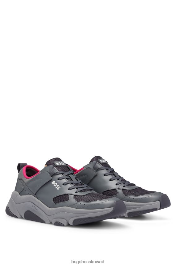 4TFNJN5022 الرمادي الداكن Hugo Boss حذاء رياضي x ajbxng مصنوع من الجلد والشبك مع تفاصيل الشعار