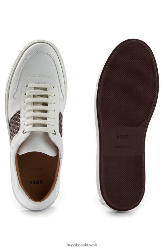 4TFNJN5040 أبيض Hugo Boss حذاء رياضي من الجلد مع شريط مطبوع عليه حرف Monogram