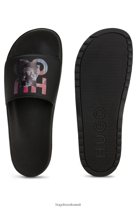 4TFNJN5041 أسود Hugo Boss شرائح PVC مع Jaglion وشعار Hugo الأسود المطبوع