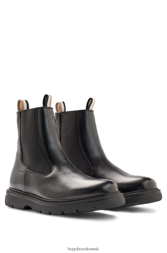 4TFNJN5044 أسود Hugo Boss حذاء تشيلسي من الجلد الأسود من هوغو مع لوحة مطاطية تحمل الشعار