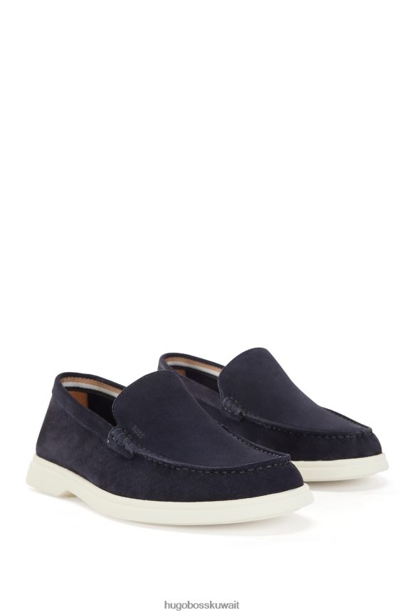 4TFNJN5048 أزرق غامق Hugo Boss الأخفاف من جلد الغزال مع شعار emed