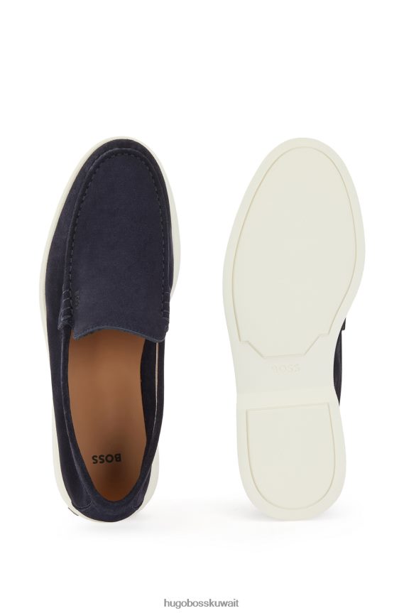 4TFNJN5048 أزرق غامق Hugo Boss الأخفاف من جلد الغزال مع شعار emed