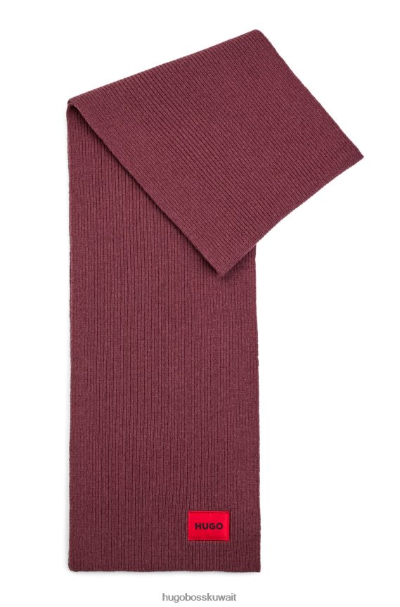 4TFNJN5054 بني غامق Hugo Boss وشاح من مزيج الصوف المضلع يحمل شعار هوغو باللون الأحمر باللون البني الداكن