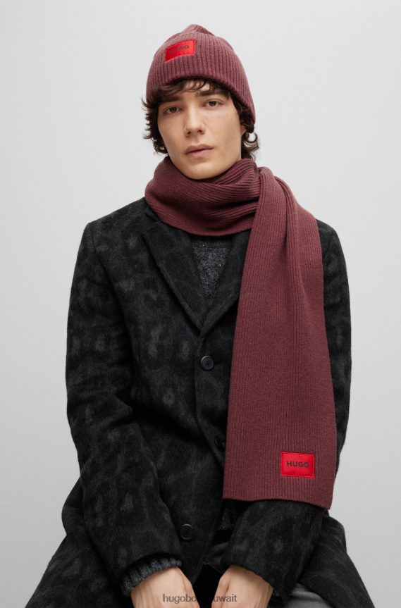 4TFNJN5054 بني غامق Hugo Boss وشاح من مزيج الصوف المضلع يحمل شعار هوغو باللون الأحمر باللون البني الداكن