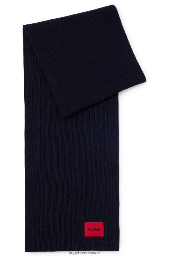 4TFNJN5055 أزرق غامق Hugo Boss وشاح من مزيج الصوف المضلع باللون الأزرق الداكن مع شعار هوغو باللون الأحمر