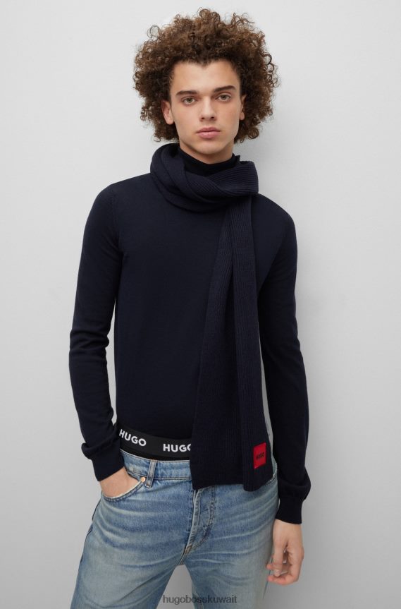 4TFNJN5055 أزرق غامق Hugo Boss وشاح من مزيج الصوف المضلع باللون الأزرق الداكن مع شعار هوغو باللون الأحمر