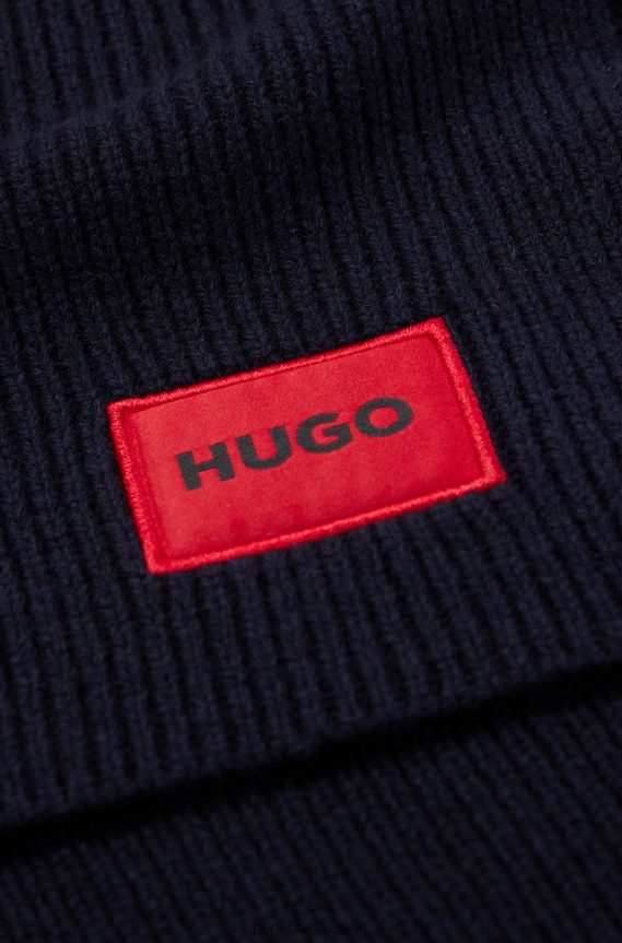 4TFNJN5055 أزرق غامق Hugo Boss وشاح من مزيج الصوف المضلع باللون الأزرق الداكن مع شعار هوغو باللون الأحمر