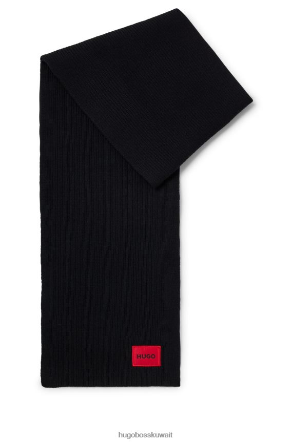 4TFNJN5056 أسود Hugo Boss وشاح من مزيج الصوف المضلع يحمل شعار هوغو باللون الأحمر باللون الأسود