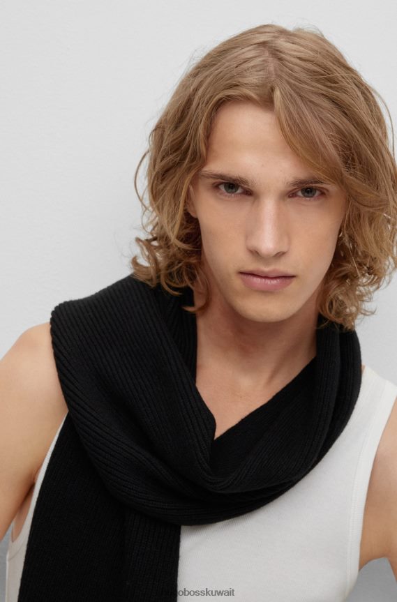 4TFNJN5056 أسود Hugo Boss وشاح من مزيج الصوف المضلع يحمل شعار هوغو باللون الأحمر باللون الأسود