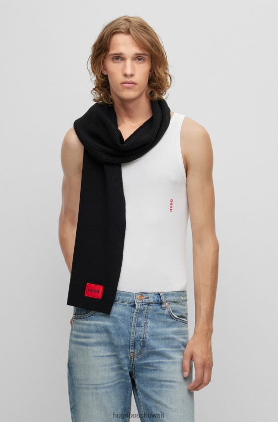 4TFNJN5056 أسود Hugo Boss وشاح من مزيج الصوف المضلع يحمل شعار هوغو باللون الأحمر باللون الأسود