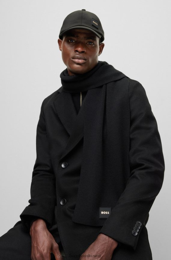 4TFNJN5063 أسود Hugo Boss وشاح أسود مضلع مع حروف الشعار المعدني هوغو