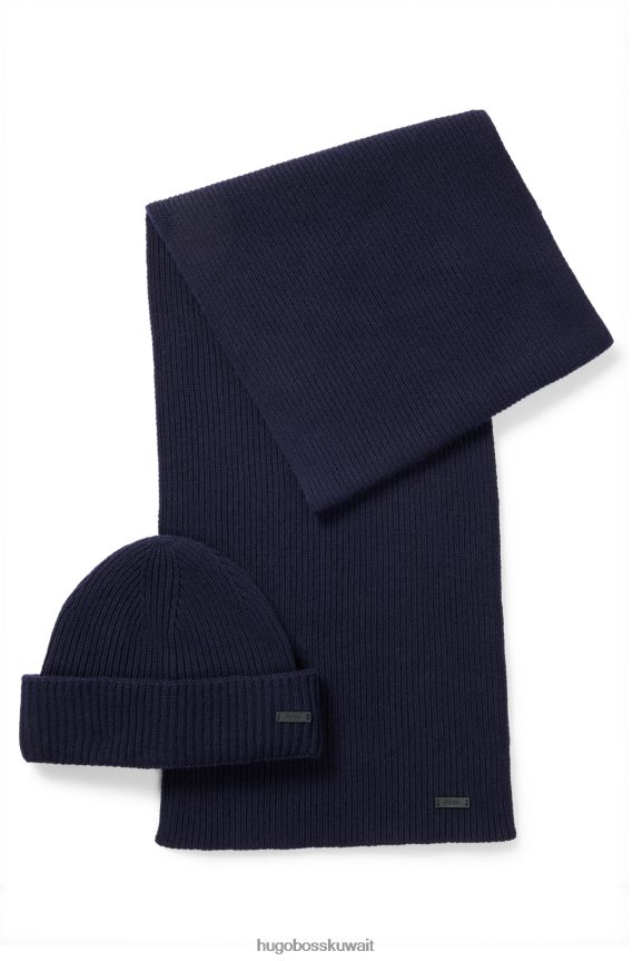 4TFNJN5065 أزرق غامق Hugo Boss طقم وشاح هوغو أزرق داكن وقبعة صغيرة مع شعار من الجلد الصناعي