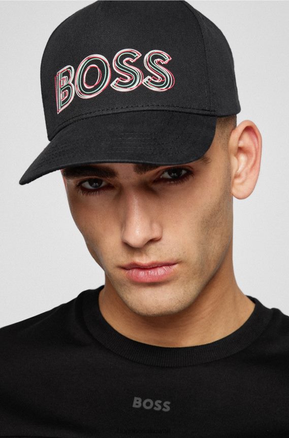 4TFNJN5070 أسود Hugo Boss قبعة من نسيج قطني طويل مع شعار عمل فني باللون الأسود