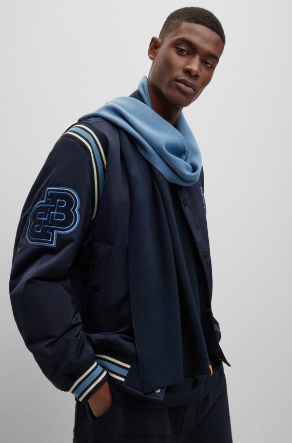 4TFNJN5073 أزرق غامق Hugo Boss وشاح Hugo مزدوج الوجه من القطن والصوف باللون الأزرق الداكن