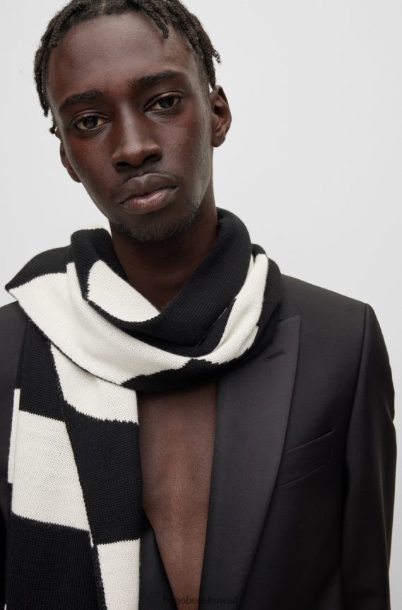 4TFNJN5074 أبيض Hugo Boss وشاح محبوك مع شعار هوغو منسوج من الجاكار باللون الأبيض