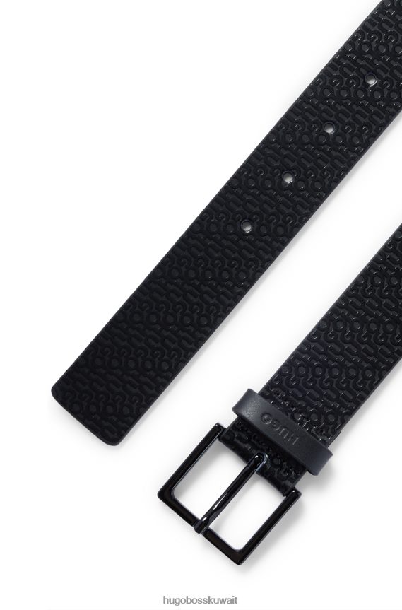 4TFNJN5075 أسود Hugo Boss حزام أسود من الجلد الإيطالي مع شعار هوغو على كامل التصميم