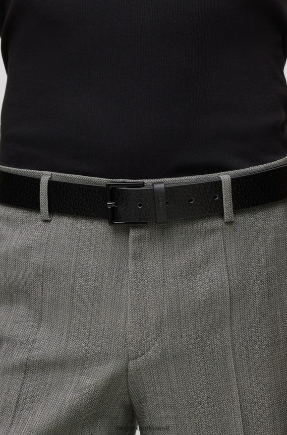 4TFNJN5075 أسود Hugo Boss حزام أسود من الجلد الإيطالي مع شعار هوغو على كامل التصميم