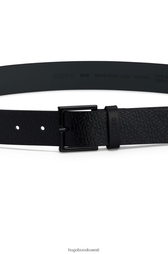 4TFNJN5075 أسود Hugo Boss حزام أسود من الجلد الإيطالي مع شعار هوغو على كامل التصميم