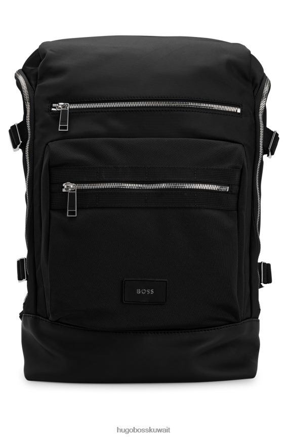 4TFNJN5076 أسود Hugo Boss حقيبة ظهر ذات مظهر غير لامع من مادة معاد تدويرها مع تفاصيل شعار هوغو باللون الأسود