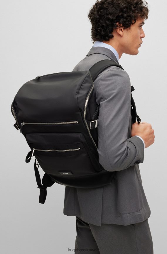 4TFNJN5076 أسود Hugo Boss حقيبة ظهر ذات مظهر غير لامع من مادة معاد تدويرها مع تفاصيل شعار هوغو باللون الأسود