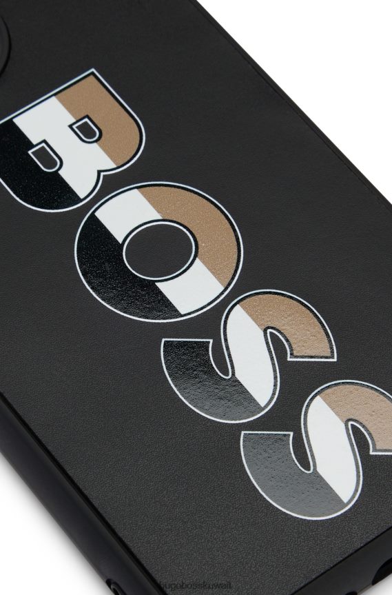 4TFNJN5078 منقوشة Hugo Boss حافظة هاتف آيفون 13 برو مغطاة بالجلد منقوشة من Hugo مع شعار مخطط التوقيع