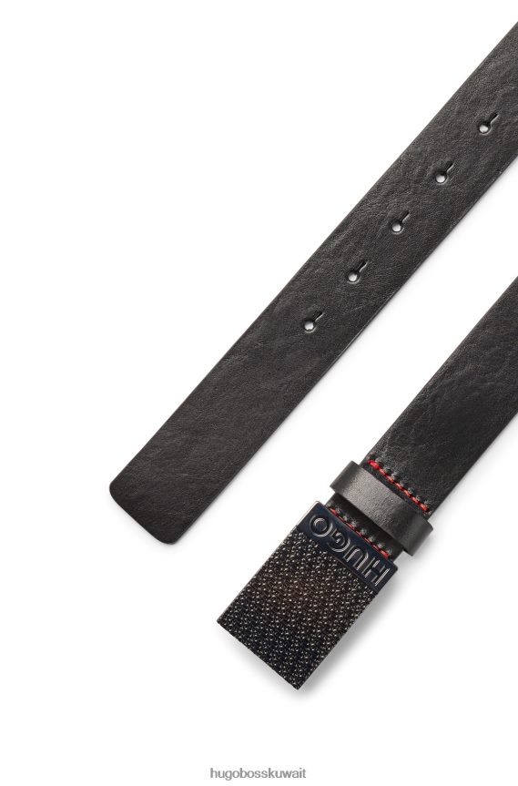 4TFNJN5080 أسود Hugo Boss حزام من الجلد الإيطالي مع إبزيم بلاك هوغو مزين بشعار الماركة مكدس