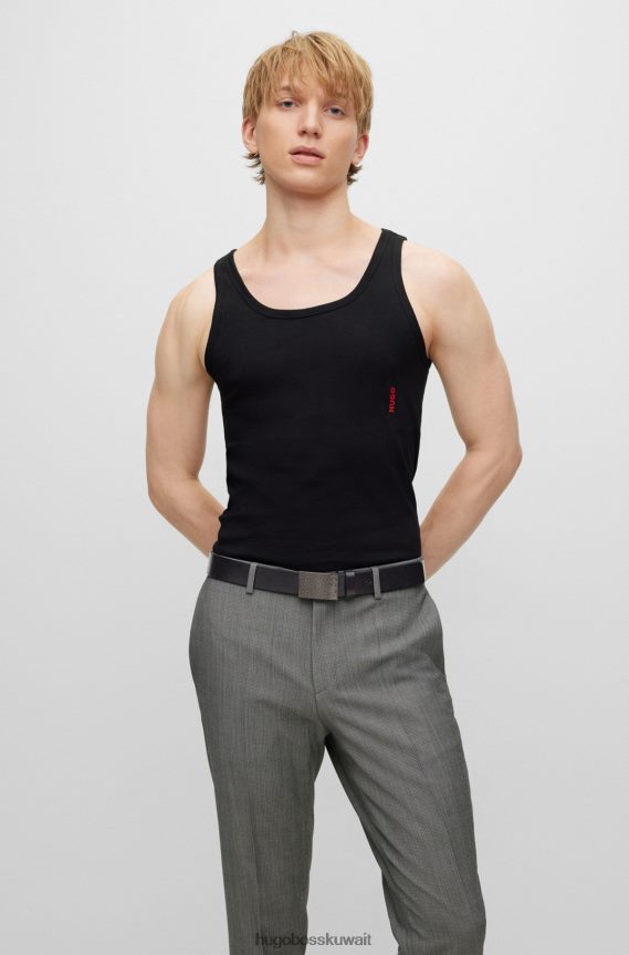 4TFNJN5080 أسود Hugo Boss حزام من الجلد الإيطالي مع إبزيم بلاك هوغو مزين بشعار الماركة مكدس