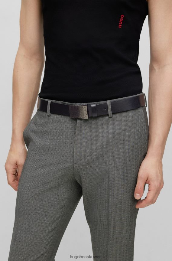 4TFNJN5080 أسود Hugo Boss حزام من الجلد الإيطالي مع إبزيم بلاك هوغو مزين بشعار الماركة مكدس