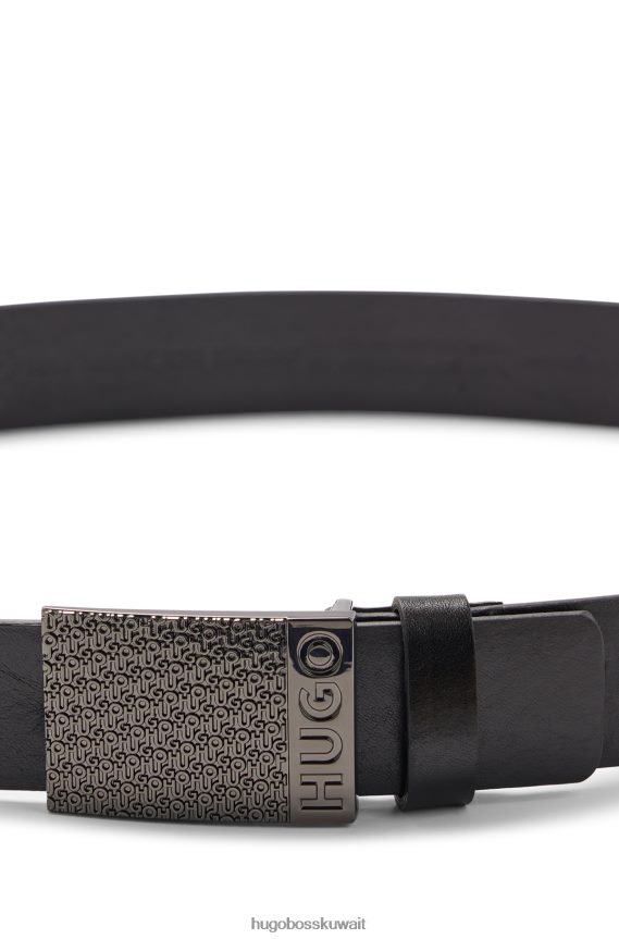 4TFNJN5080 أسود Hugo Boss حزام من الجلد الإيطالي مع إبزيم بلاك هوغو مزين بشعار الماركة مكدس