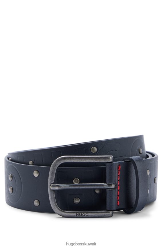 4TFNJN5082 أزرق غامق Hugo Boss حزام من الجلد الإيطالي مرصع بشعارات emed