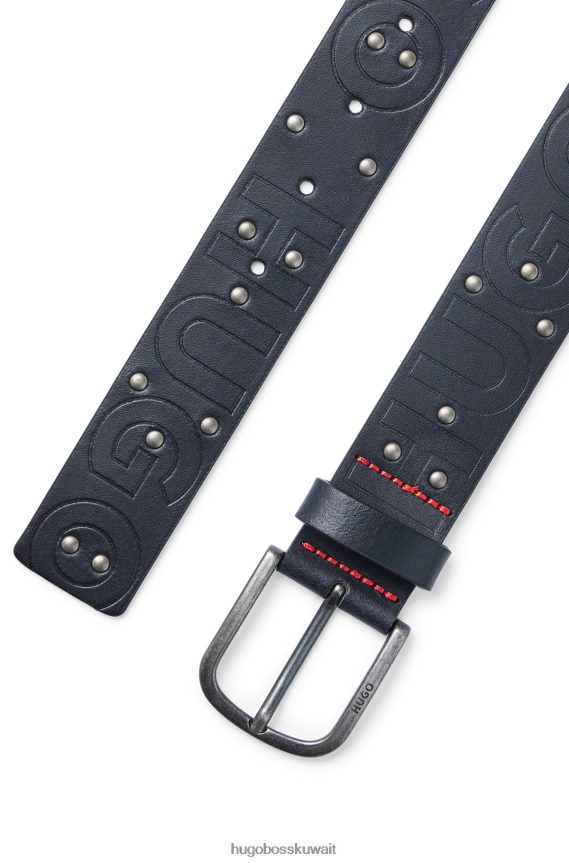 4TFNJN5082 أزرق غامق Hugo Boss حزام من الجلد الإيطالي مرصع بشعارات emed