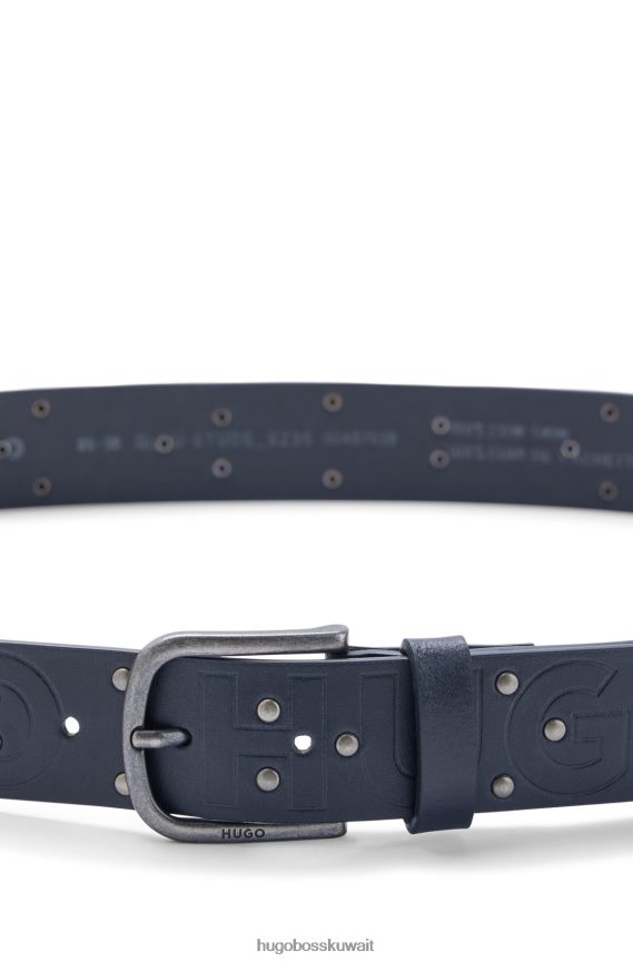 4TFNJN5082 أزرق غامق Hugo Boss حزام من الجلد الإيطالي مرصع بشعارات emed