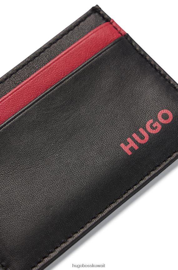 4TFNJN5085 أسود Hugo Boss حامل بطاقة جلدية مع شعار emed