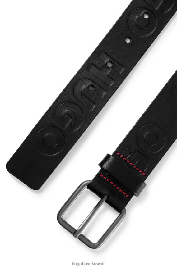 4TFNJN5089 أسود Hugo Boss حزام من الجلد الإيطالي مع شعارات emed