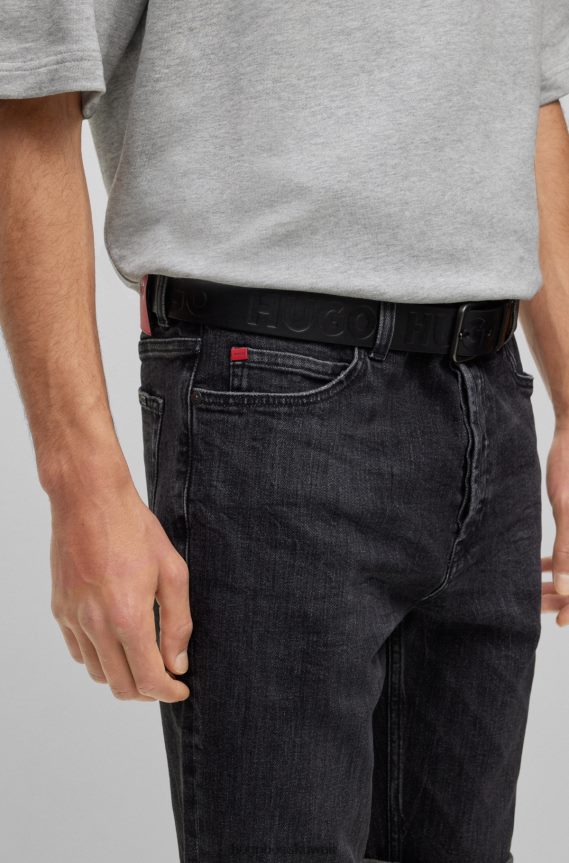 4TFNJN5089 أسود Hugo Boss حزام من الجلد الإيطالي مع شعارات emed