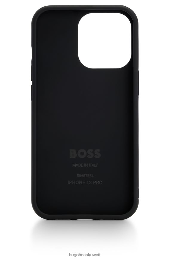 4TFNJN5091 أسود Hugo Boss حافظة هوغو لهاتف آيفون 13 برو مغطاة بالجلد مع شعار متباين باللون الأسود